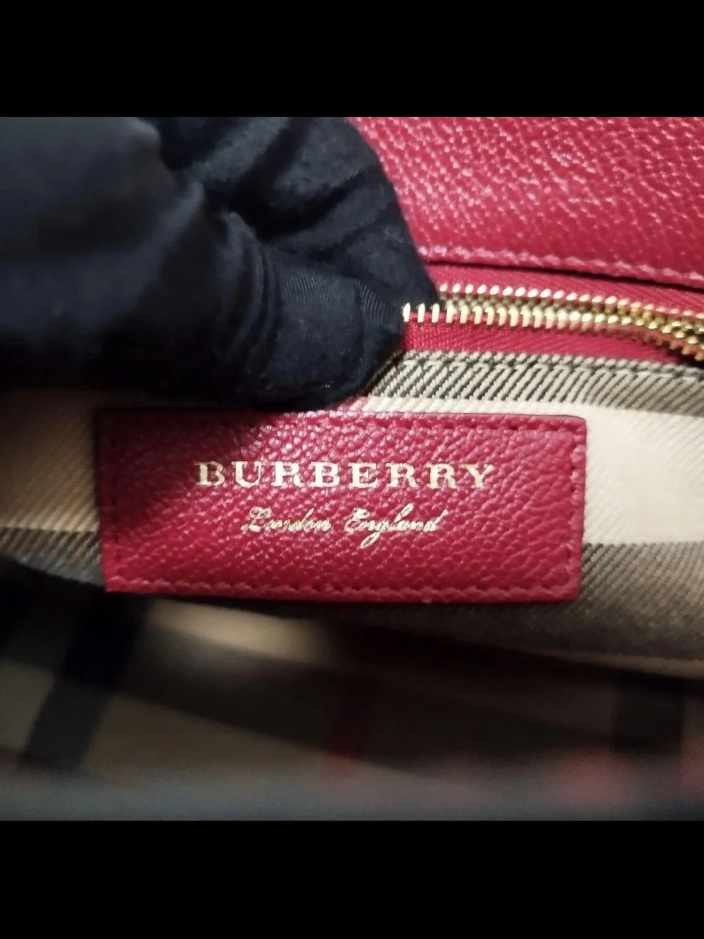 Burberry Burgundy Leather Satchel with Check Shoulder Strap